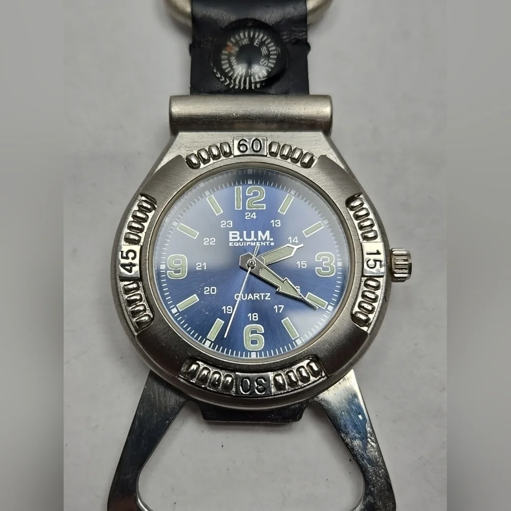 Vintage B.U.M. Equipment Bum Clip Watch Bottle Opener Compass New Battery